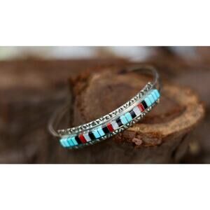Janelle Shebola Zuni Multistone Inlay Cuff, Turquoise Jet Coral Mother of Pearl